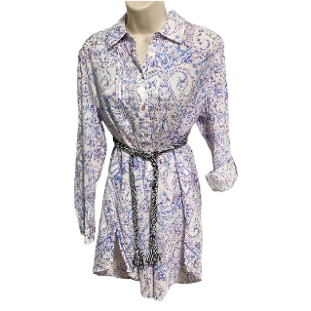 CHICOS Dress Shirt Tunic Purple White Paisley Floral Button Down Blouse Medium
